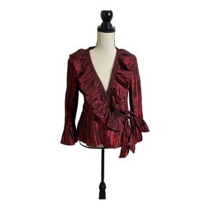 Jackie Jon New York womens blouse wrap wrinkle material red bell sleeves